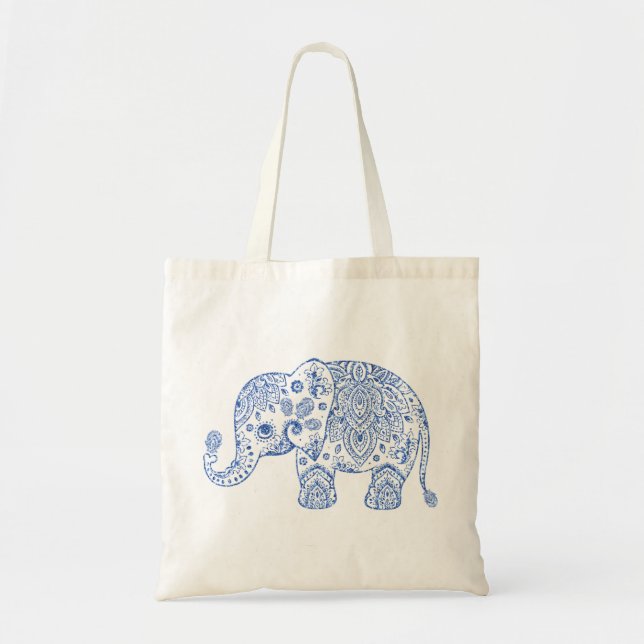 Bolsa Tote Textura Azul De Elefante De Paisley Floral Cuta (Frente)