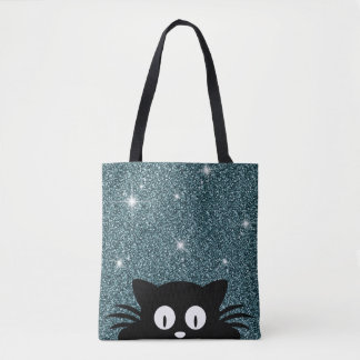 Bolsa Tote Textura de Brilho Falso Azul com um gato