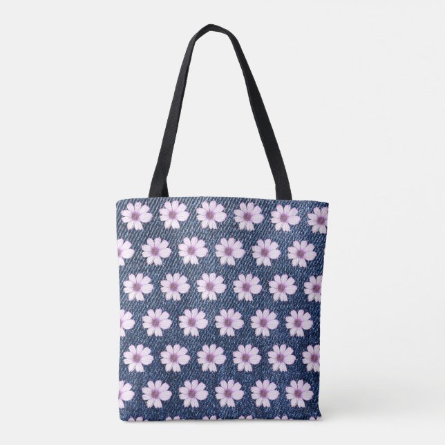 Bolsa Tote Textura de jeans de padrão floral (Verso)