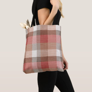 Bolsa Tote Textura de Tecido Xadrez Rústico Quente em Coral