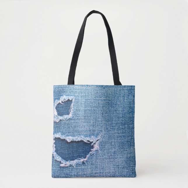Bolsa Tote Textura do tecido denim rasgada, matizes azuis. (Frente)