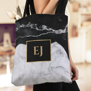 Bolsa Tote Textura Dourada de mármore branco preto moderno, m