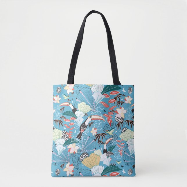Bolsa Tote Textura tropical com Toucans e colibris (Frente)