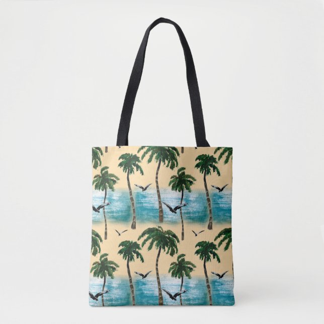 Bolsa Tote Textura uniforme de praia em aquarela. Palmas, gai (Frente)
