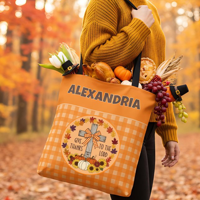 Bolsa Tote Thanksgiving Give Thanks To The Lord Orange Plaid (Criador carregado)