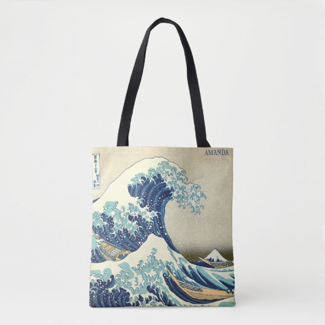 Bolsa Tote The Great Wave – Katsushika Hokusai – Custom Text (Frente)