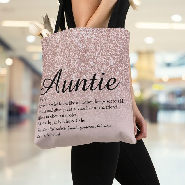 Bolsa Tote Tia Tia Definição Brilho Dourado Rosa (Aunt Auntie Definition Script Rose Gold Glitter Tote Bag)