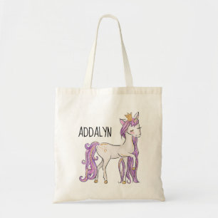 Bolsa Tote Tiara de Unicórnio Roxo Branco Personalizada