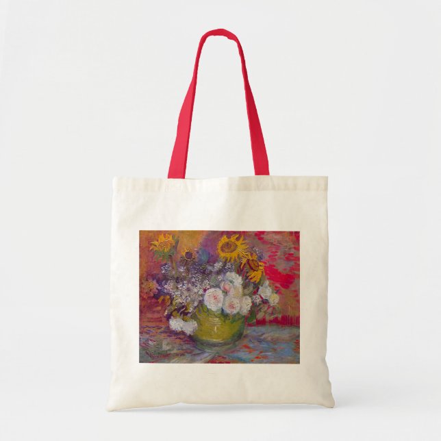 Bolsa Tote Tigela com Girassóis e Rosas por Vincent van Gogh (Frente)
