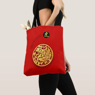 Bolsa Tote Tigre de Ouro Vermelho - Cortado Chinês no Ano Nov