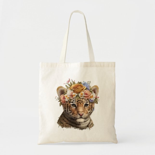 Bolsa Tote Tigre Floral De Cores Aquáticas (Frente)