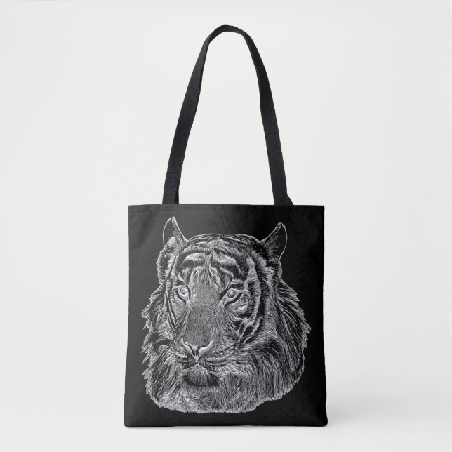 Bolsa Tote tigre prateado cromo face natureza animal arte sel (Frente)