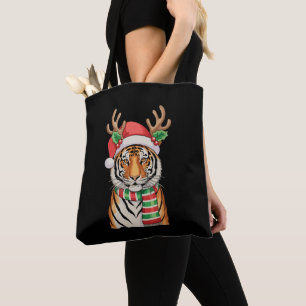 Bolsa Tote Tigre Rena Santa Chapéu Natal Xmas Férias