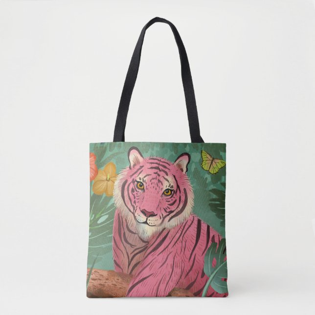 Bolsa Tote Tigre rosa e selva tropical de papagaio (Frente)