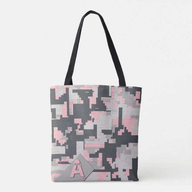 Bolsa Tote Tijolos militares de cinza rosa com o seu Monogram (Verso)