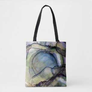 Bolsa Tote Tinta Azul e Dourada de Álcool Abstrato Arte Líqui