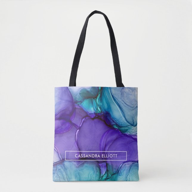 Bolsa Tote Tinta de Álcool Roxo e Teal Abstrato (Frente)