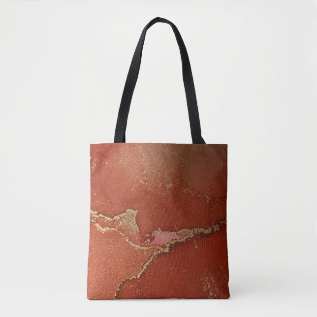 Bolsa Tote Tinta de Álcool Vermelha e Dourada, Abstrato de Ar (Frente)