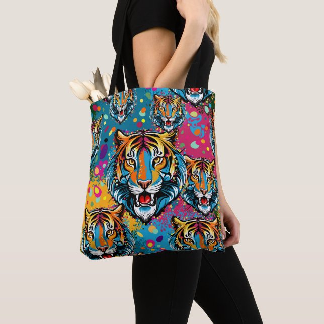 Bolsa Tote Tinta de cores Arco-íris Cabeça de Tigre (Close Up)