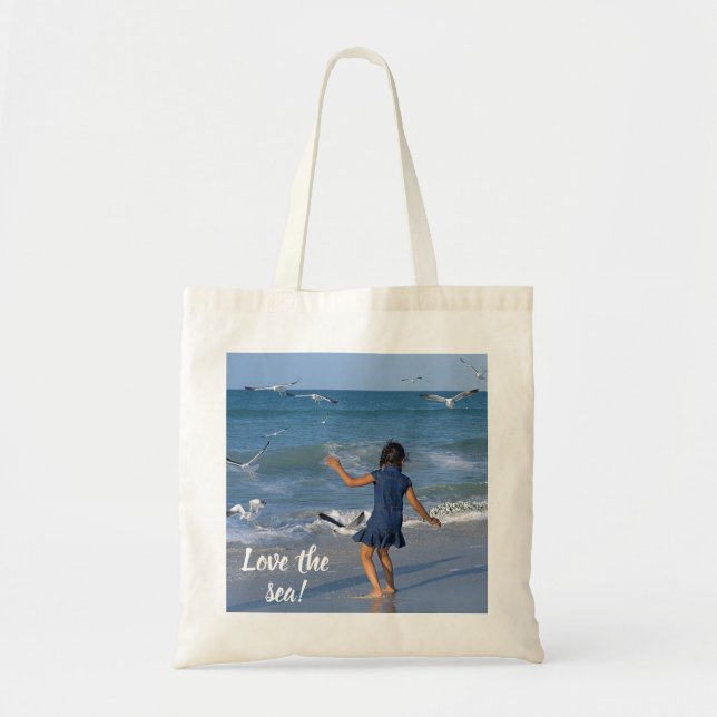 Bolsa Tote Tipografia Branca Adora Foto do Mar Azul (Frente)
