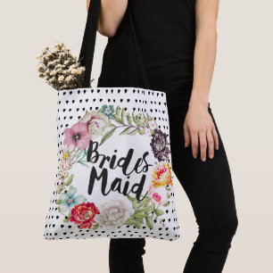 Bolsa Tote Tipografia Bridesmaid Watercolor Rosa Wreath