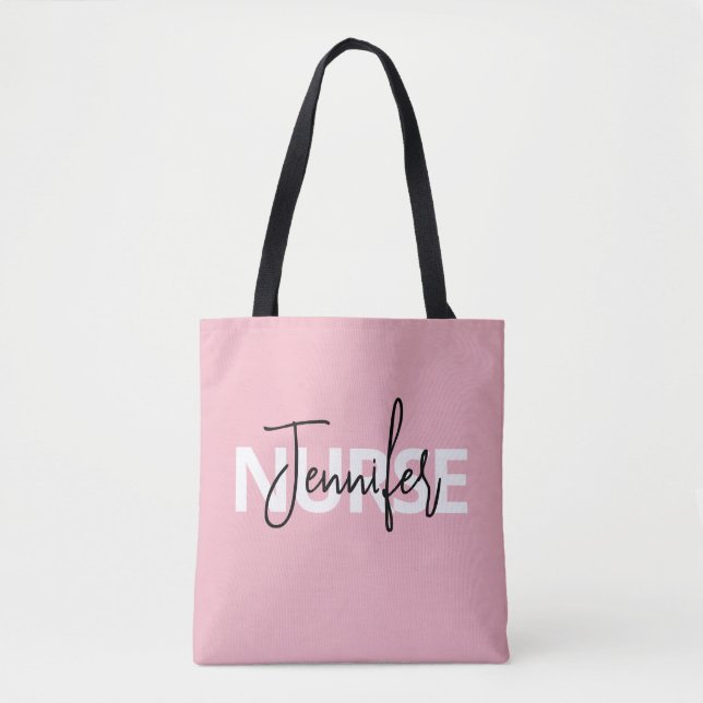 Bolsa Tote Tipografia de Enfermeira Personalizada Rosa (Frente)