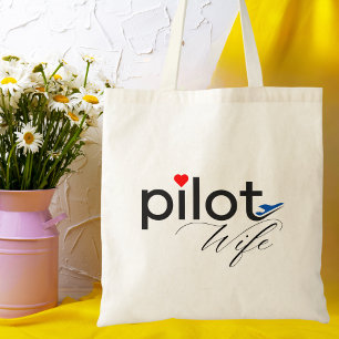 Bolsa Tote Tipografia de esposa piloto e avião simples, minim