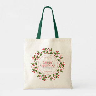 Bolsa Tote Tipografia do Feliz Natal e wreath de amoras verme