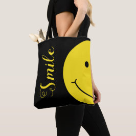 Bolsa Tote Tipografia do rosto amarelo com sorriso preto