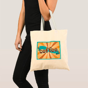 Bolsa Tote Tipografia Retro Café Explosão Solar Marrom Azul
