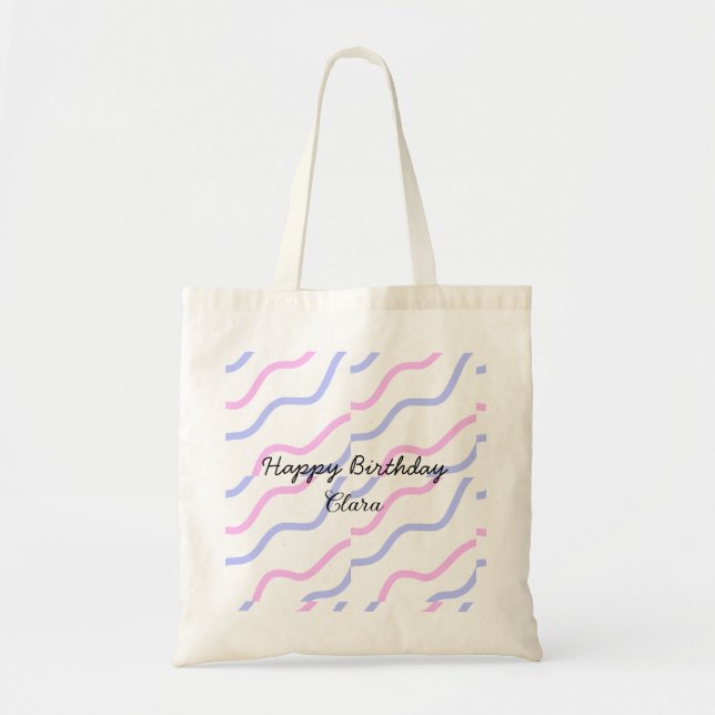 Bolsa Tote Tiras roxas cor-de-rosa, feliz aniversário adicion (Frente)