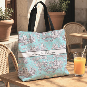 Bolsa Tote Toile de Jouy aqua azul floral vintage monograma