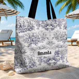 Bolsa Tote Toile de Jouy floral preto vintage monograma