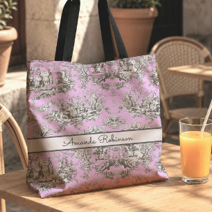 Bolsa Tote Toile de Jouy monograma floral rosa vintage do lag