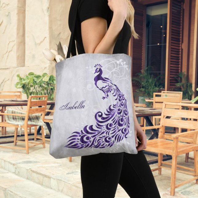 Bolsa Tote Toque Personalizado Pêssego Roxo (Purple Peacock Personalized Tote Bag)