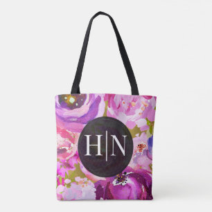 Bolsa Tote Toques de Rosa e Roxo Vibrante Floral 