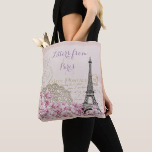 BOLSA TOTE TORRE EIFFEL DE PARIS, LETRAS ROMÂNTICAS FLORAIS