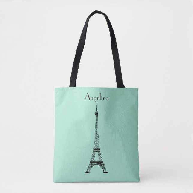 Bolsa Tote Torre Eiffel de Paris Preta Verde com Nome (Frente)