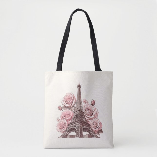 Bolsa Tote Torre Eiffel de Paris & Rosas Cor-de-Rosa (Frente)