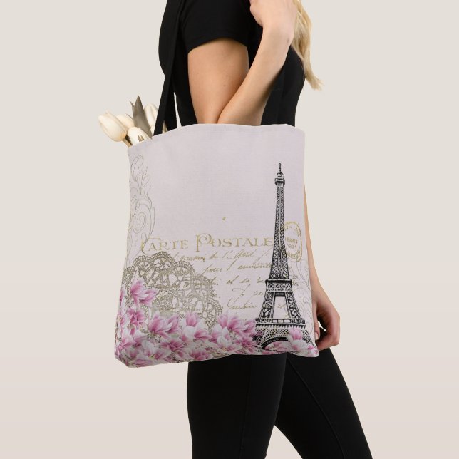 Bolsa Tote Torre Eiffel, Viagem de Paris, França, com flores  (Close Up)