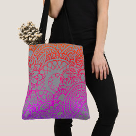 Bolsa Tote Tot de Flores Laranja Roxo e Fundo Cinza