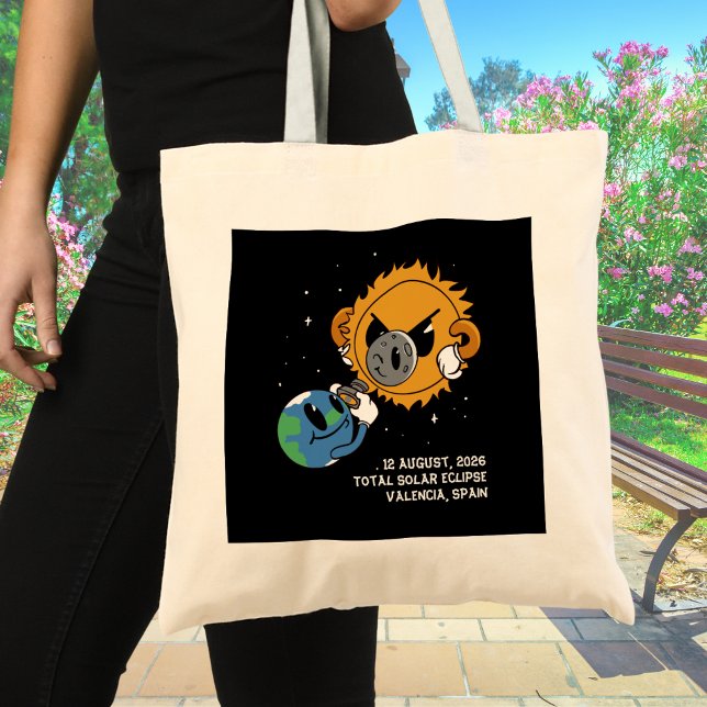 Bolsa Tote Total Solar Eclipse 2026 Spain Photobomb (Change city/location to personalize.  All text editable.  Matching items available)