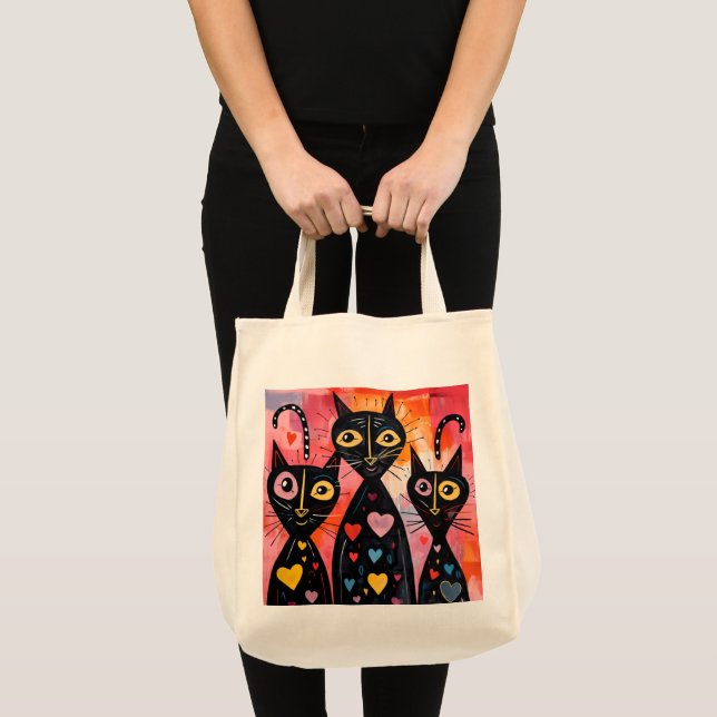 Bolsa Tote Tote Bag Cat Love Red Hearts  (Frente (produto))