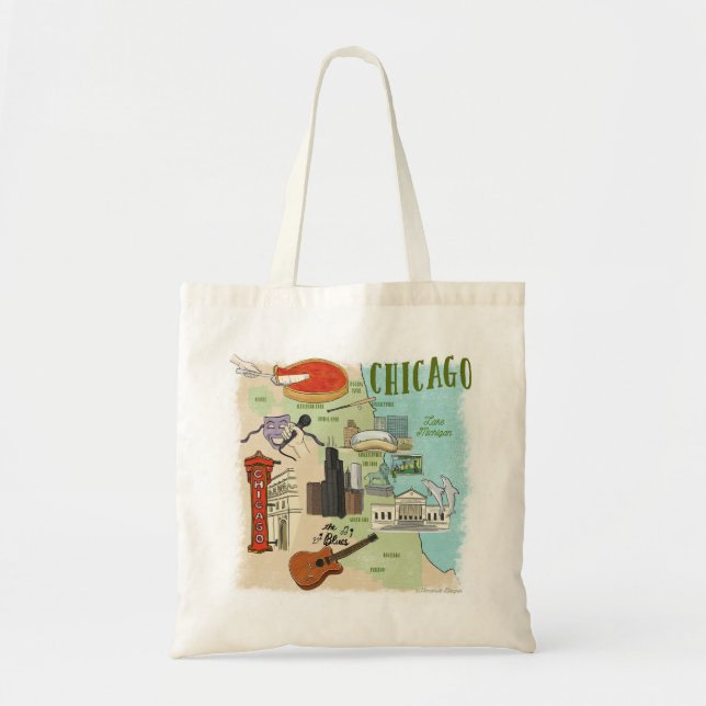Bolsa Tote Tote Bag do Mapa de Chicago Ilustrado (Frente)