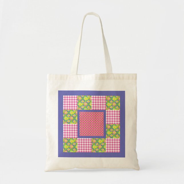 Bolsa Tote Tote Bag: Rosa: Primroses, Bolinhas, Gingham (Frente)