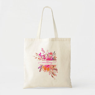 Bolsa Tote Tote personalizado com flores em aquarela rosa bri