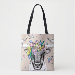 Bolsa Tote Touro de desenho em uma coroa floral. Porta brilha