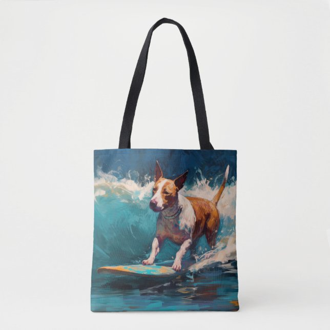 Bolsa Tote Touro Terrier Beach Surfing Painting (Frente)