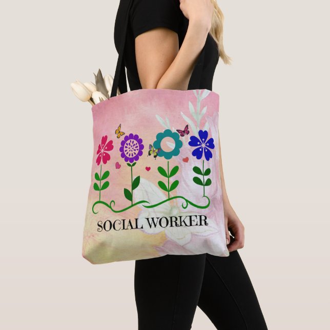 Bolsa Tote Trabalhador Social, Design de Flores Gráficas (Close Up)
