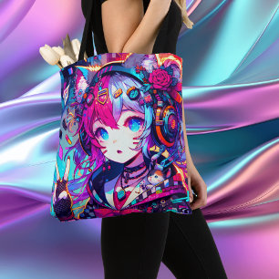 Bolsa Tote Trabalho de arte de Garota Colorida de Animação Co